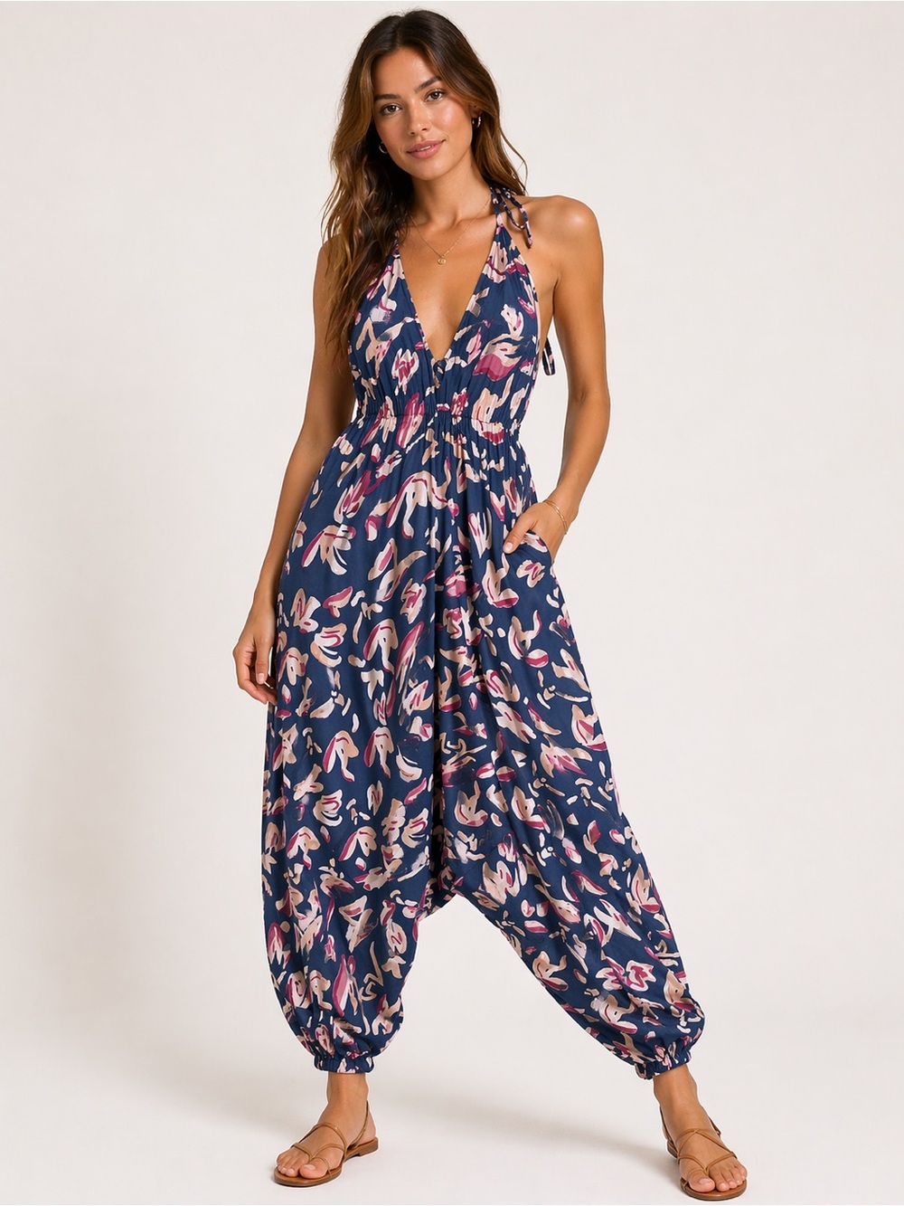 Navy Floral Halter Jumpsuit with Pink Accents